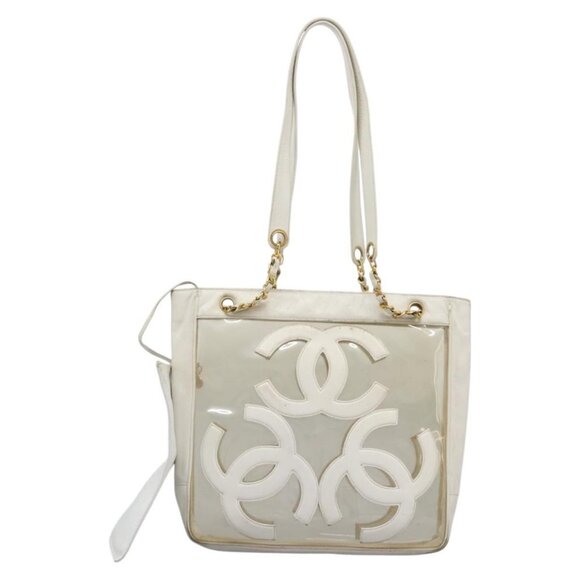 CHANEL Triple Coco Chain Tote Bag Vinyl Leather White Gold CC Auth bs23423 - Picture 2 of 16